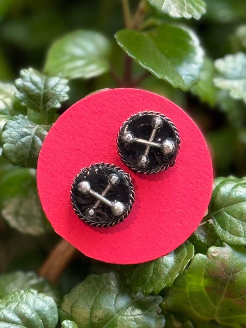 Black & Silver Round Button Earrings